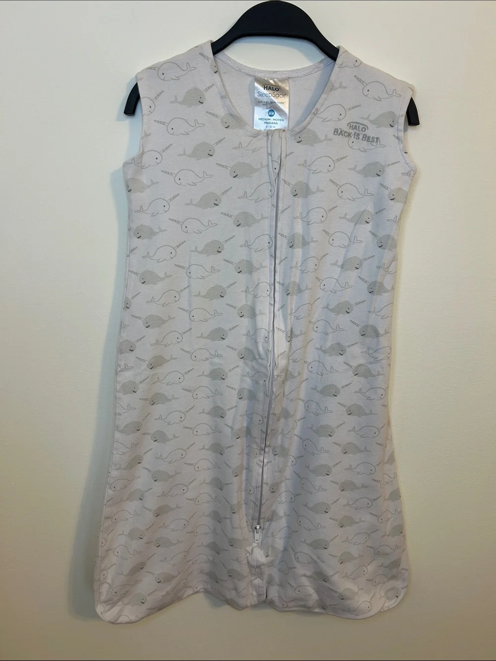 Halo Sleep Sack in Light Gray with Whale Print, Size Medium / 6-12 Months